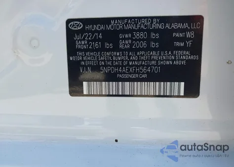 2015 Hyundai Elantra Se z USA, uszkodzony, nr VIN 5NPDH4AEXFH564701